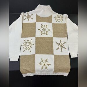 Metallic Gold & White Cowl Neck Checkerboard Sweater